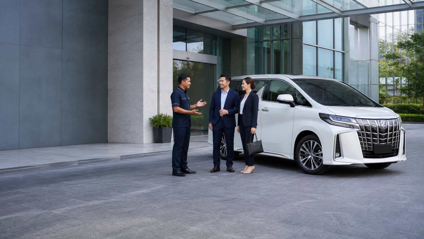 Pemandu Faiz Transport bersama dua klien korporat dan Toyota Alphard putih