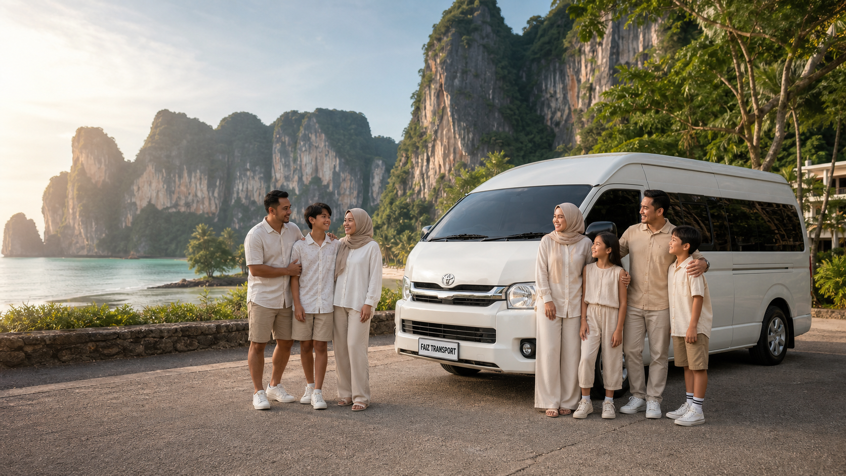 Dua keluarga Melayu Malaysia bersama Toyota Hiace Faiz Transport di Krabi