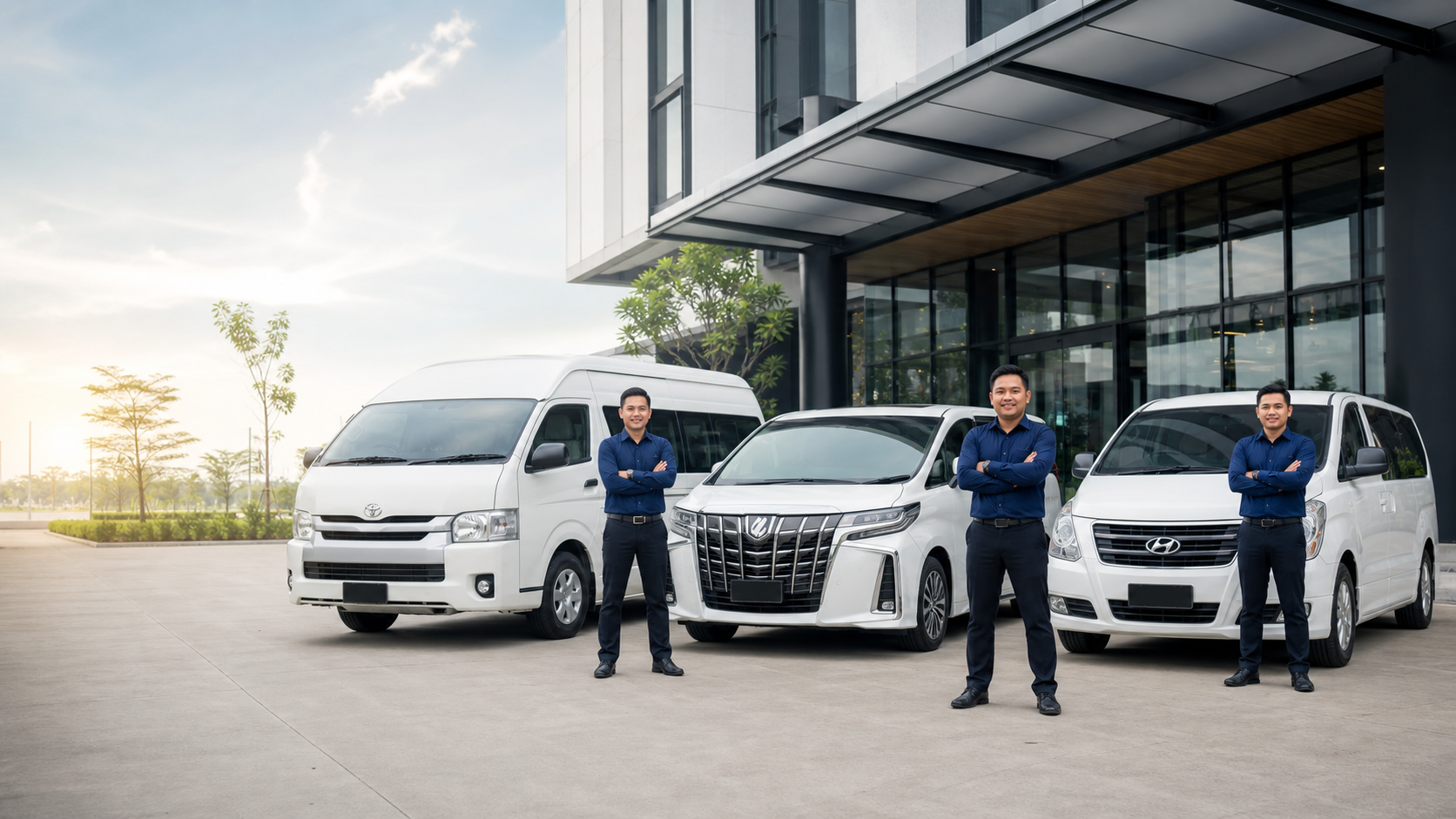 Tiga pemandu Faiz Transport bersama Toyota Hiace, Alphard dan Starex
