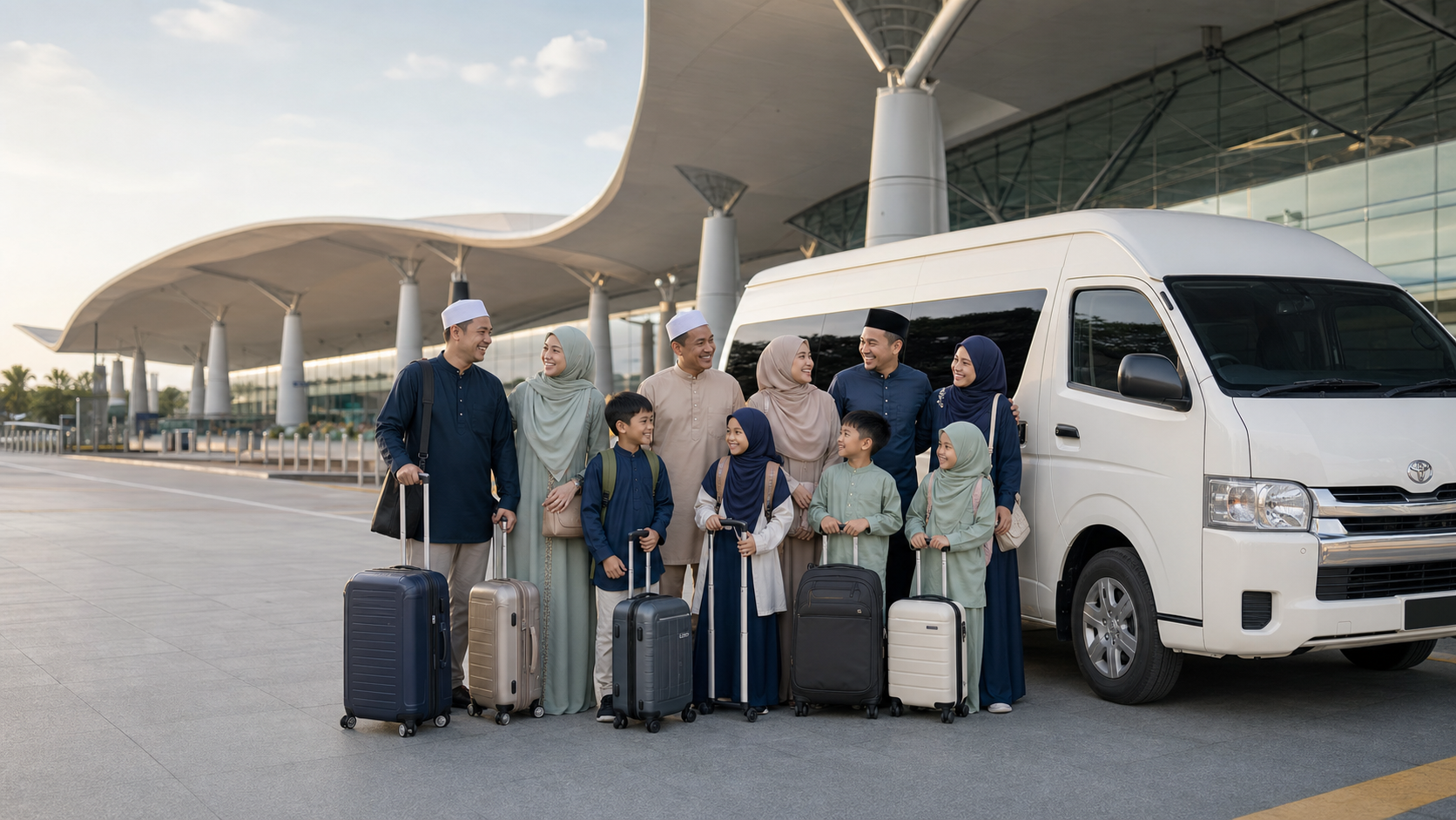 Kumpulan jemaah Umrah Malaysia bersama bagasi dan Toyota Hiace putih di airport